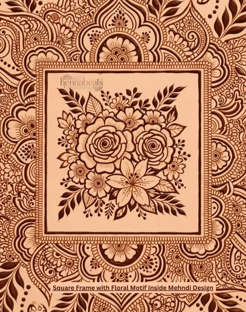 Square Frame with Floral Motif Inside Mehndi Design