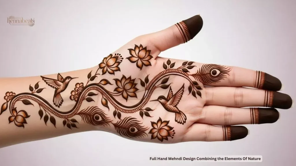 Full Hand Mehndi Design Combining the Elements Of Nature